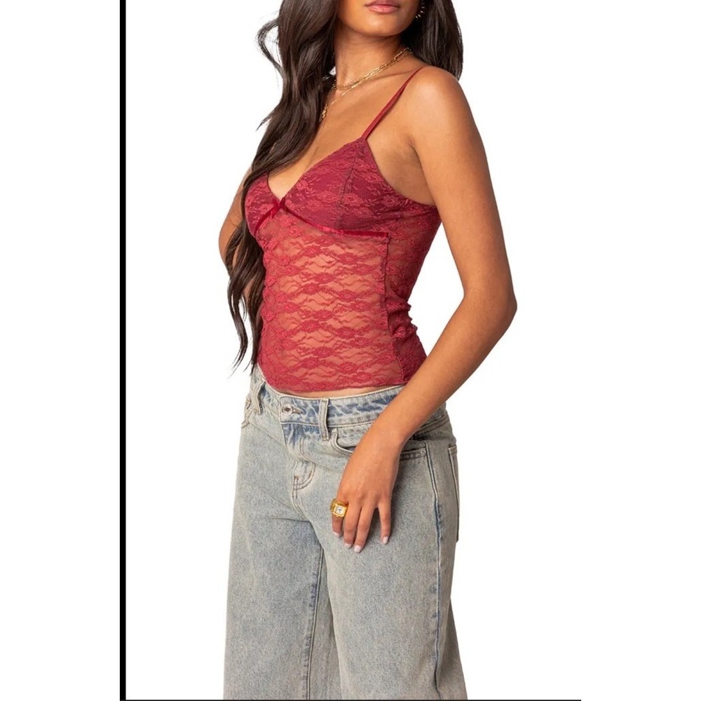 Edikted Red Lace Ribbon Bow Babydoll Lined Camisole XS Top Y2K Coquette Fairy